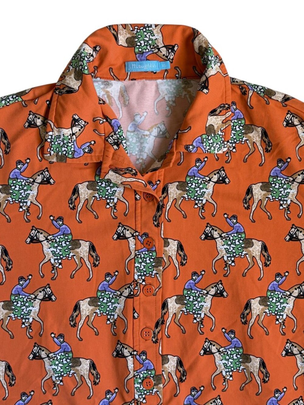 J. McLaughlin Equestrian Derby Print Short-Sleeve Polo Shirt (Orange) - XS - Picture 2 of 9